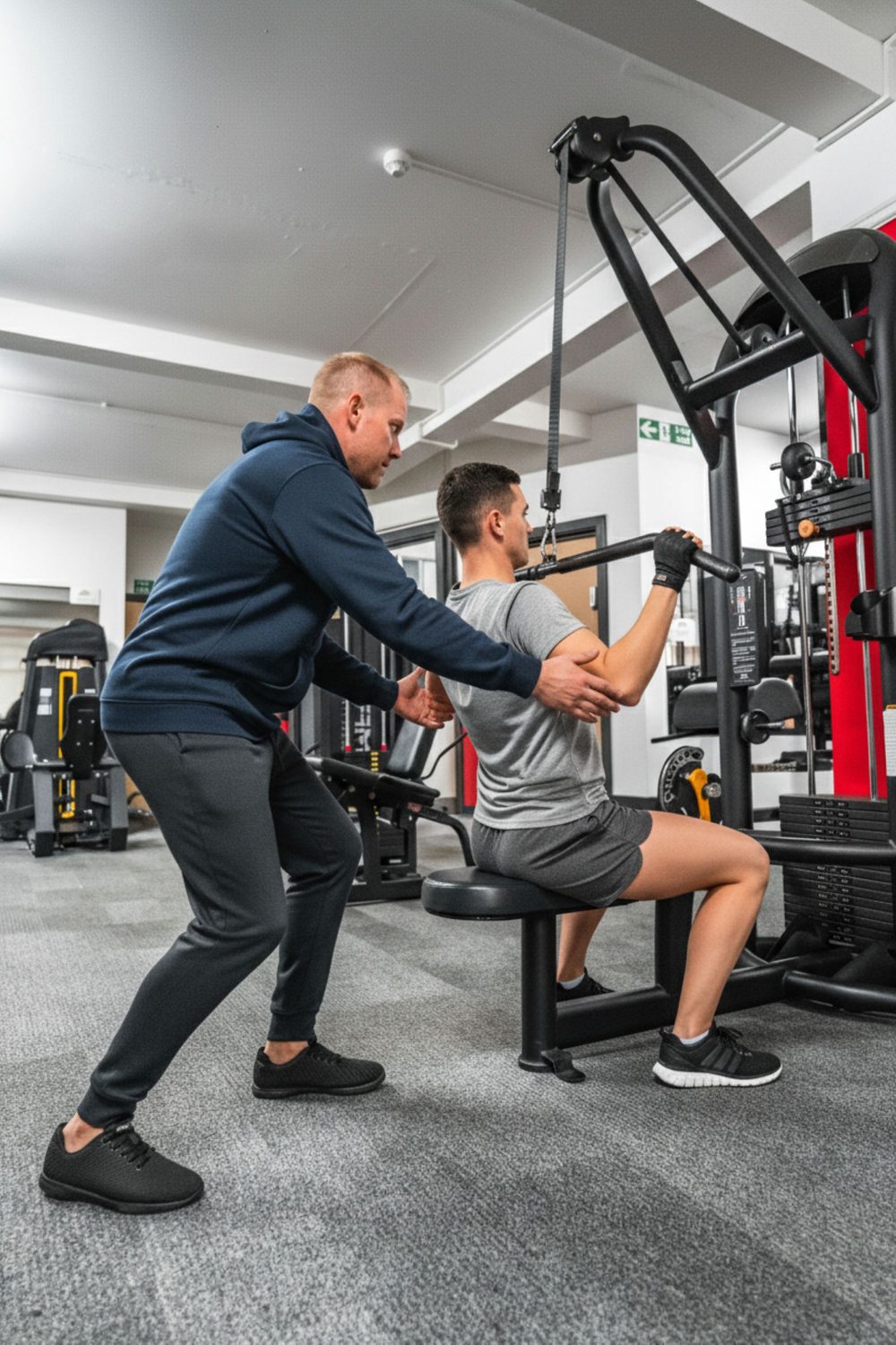 A personal trainer coaching a member through a set at the gym